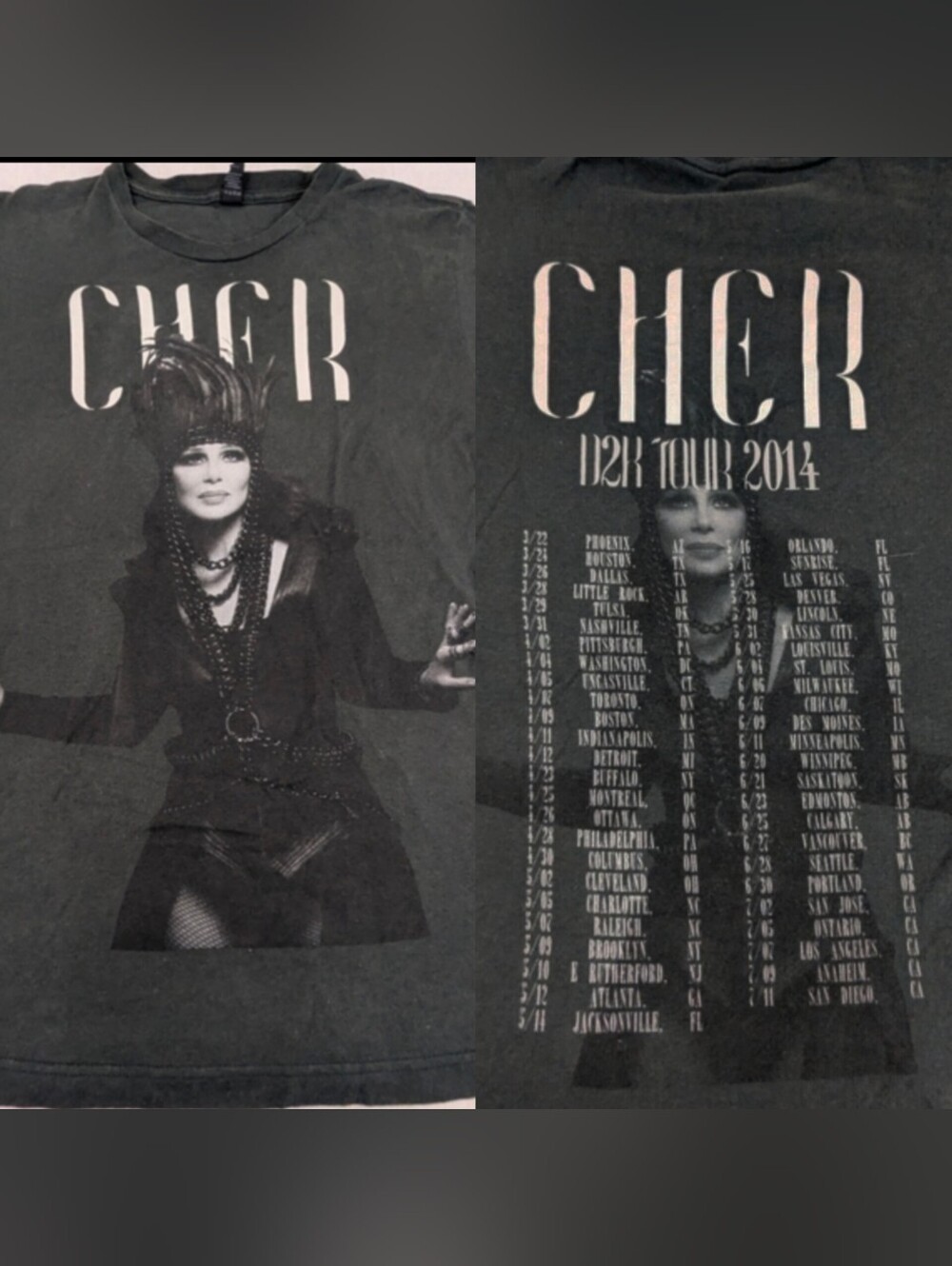 Cher Vintage Concert Tshirt 2014 Dressed To Kill Cities/Dates On Back Medium